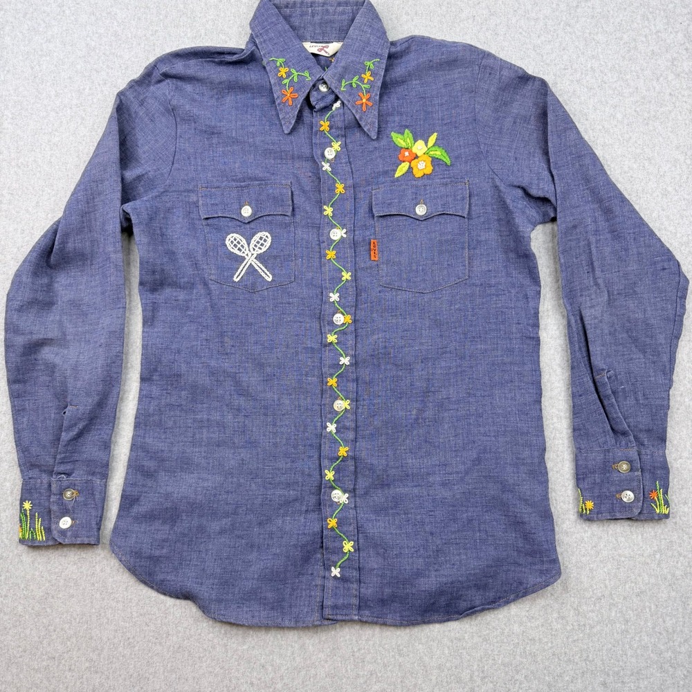 Vintage Levis Orange Tab Embroidered Floral Tennis Shirt Blue Chambray S M